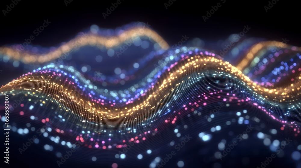 Obraz premium Glowing abstract wavy lines with shimmering particles create a colorful data visualization effect