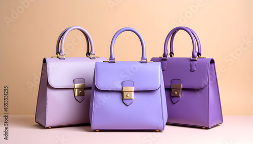 Three Purple Leather Handbags with Gold Accents Displayed on a Soft Beige Background