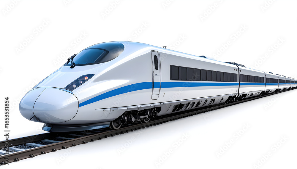 Fototapeta premium Modern High Speed Train on Railway Track Isolated Against White Background