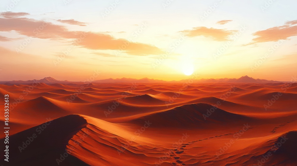 Naklejka premium Vast desert landscape with rolling sand dunes under a sky at sunrise casting warm golden light and long shadows, with footprints leading into the distance
