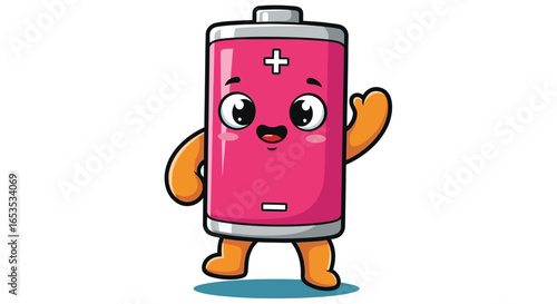 Cheerful battery cartoon character waving hello with a happy smile ideal for illustrating energy positive emotions and educational content for children about science and electronics.