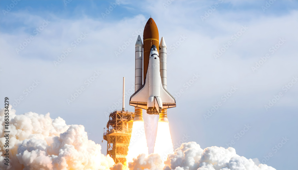 Obraz premium Space Shuttle Launching Into The Sky With A Fiery Blast And Billowing White Smoke Against A Blue Sky
