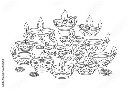 Ornate Diwali Diya Line Art: Festive, Spiritual, and Peaceful Design for Coloring Pages, Invitations, and Celebrations.