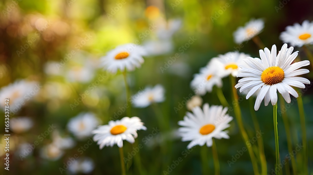 Fototapeta premium Delicate white daisies bloom in a sunlit meadow, showcasing a soft focus effect and a serene ambiance.