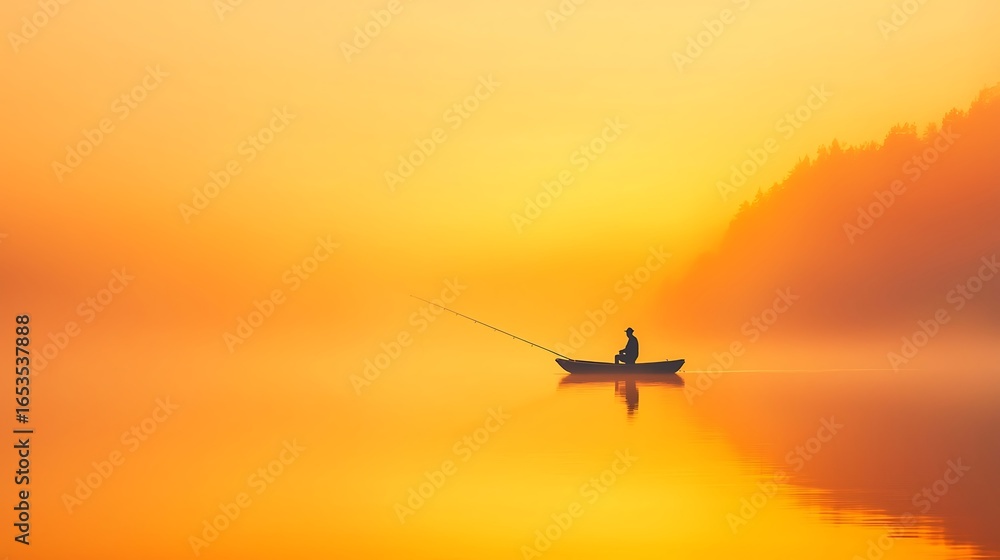 Obraz premium Lone fisherman casts line in golden sunset mist