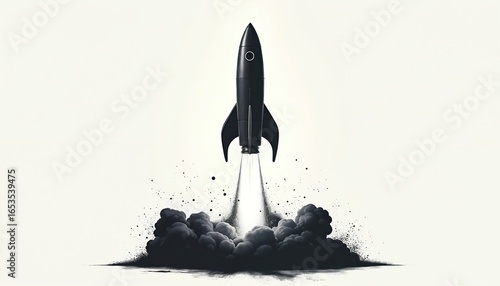 Minimalistic illustration of sleek black rocket ship ascending into white sky. Smoke, dust billow from launchpad, adventure, exploration, excitement of new beginnings. Features clean design, dynamic