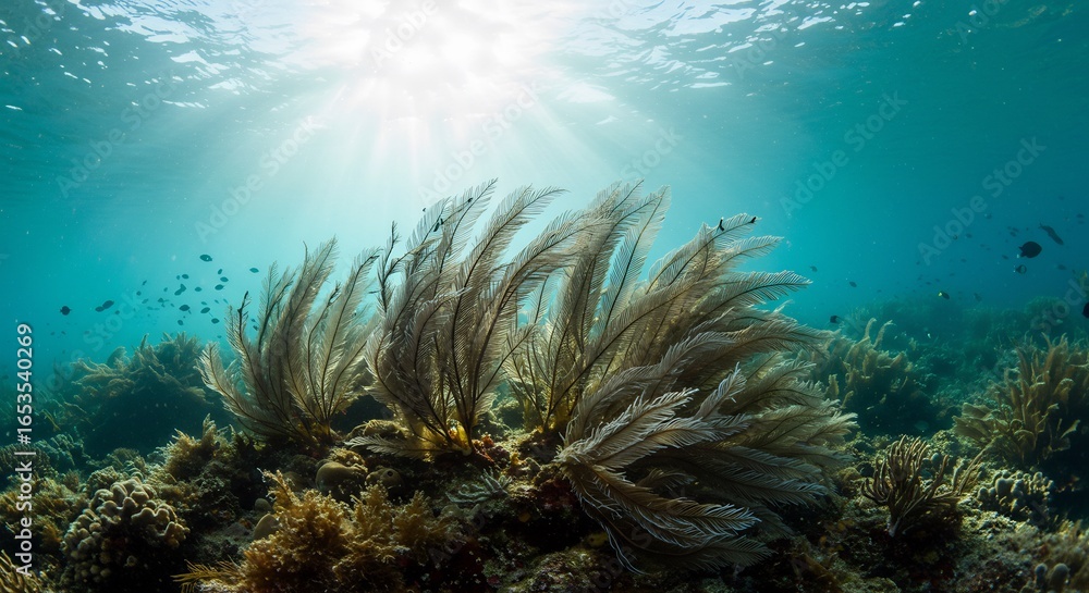 Obraz premium Sunlit underwater scene vibrant seagrass gracefully sways gently in ocean currents. AI Generated