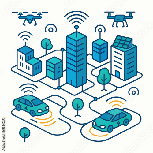 A futuristic smart city concept illustration with interconnected buildings, autonomous cars, and drones.