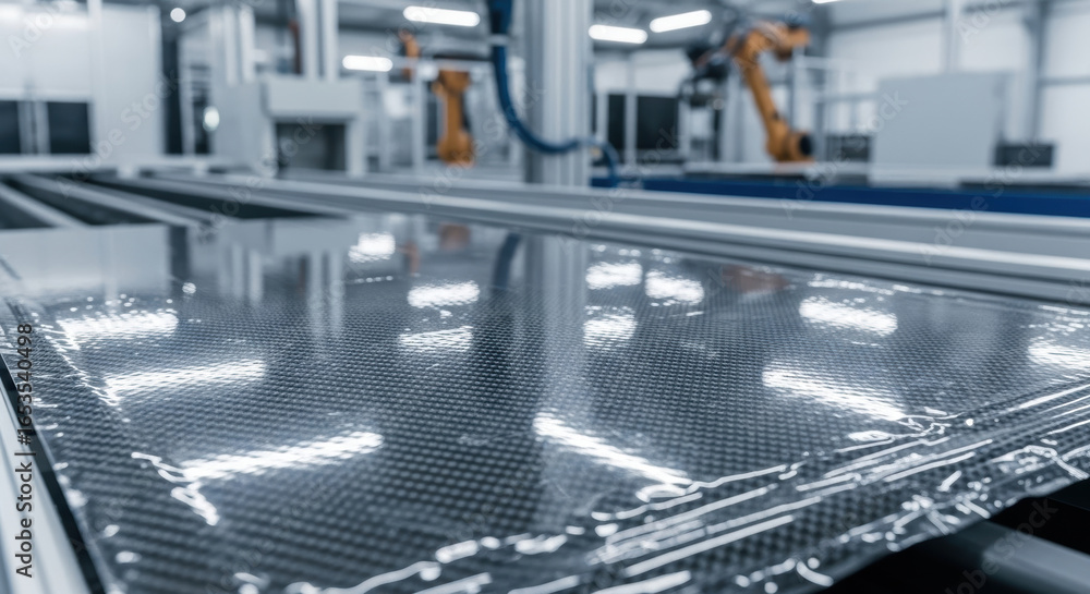 Naklejka premium Automated production line manufacturing carbon fiber panel in modern factory with advanced robotics and high precision technology for lightweight industrial components
