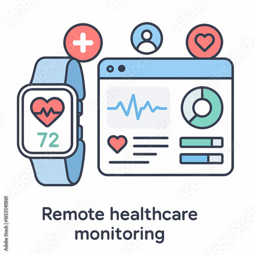 Flat line illustration of a smartwatch and health dashboard for remote healthcare monitoring.