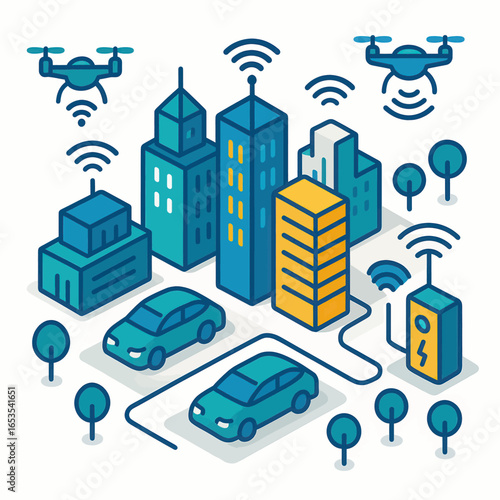 Isometric vector illustration of a smart city with connected drones, autonomous cars, and blue and yellow futuristic buildings.