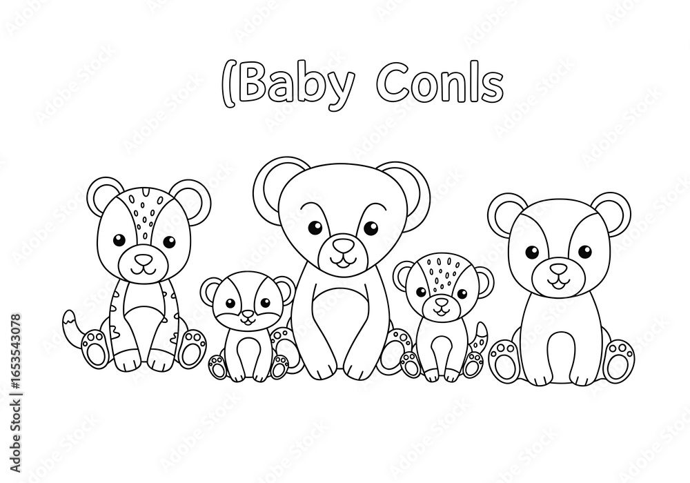 Naklejka premium Adorable Baby Animals Coloring Page: Cute Cartoon Lions and Cubs, Line Art Illustration