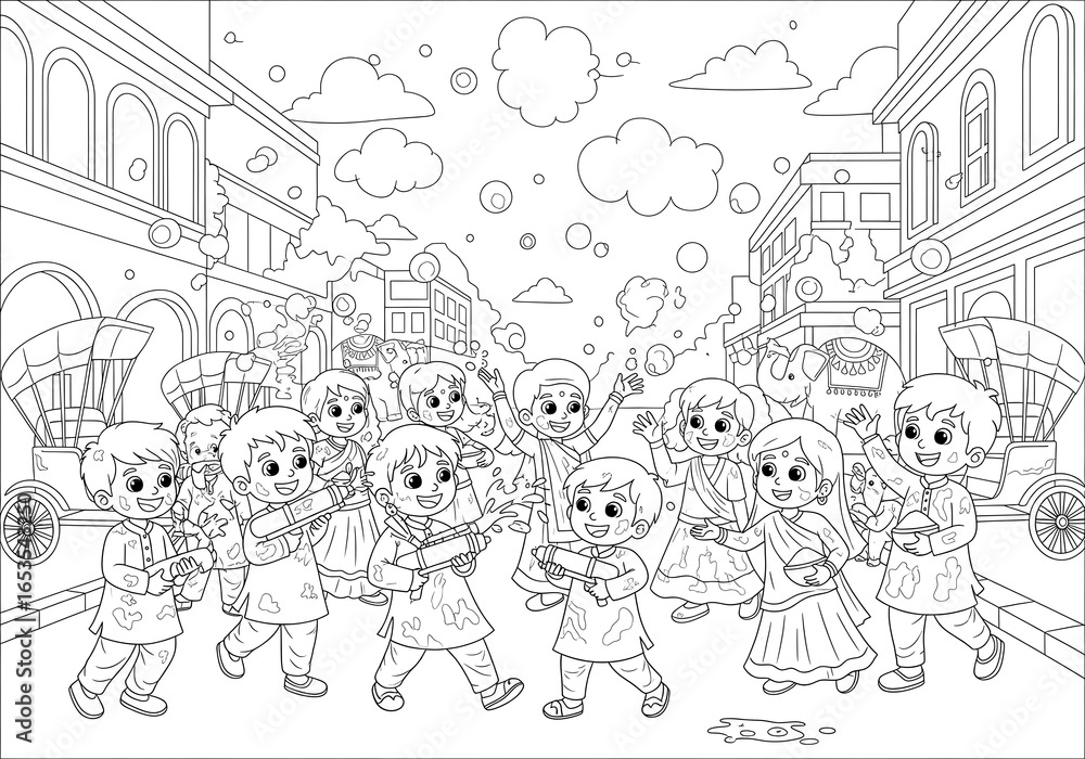Fototapeta premium Joyful Holi Celebration: Children Playing with Water Guns in a Festive Street Scene, Line Art Illustration