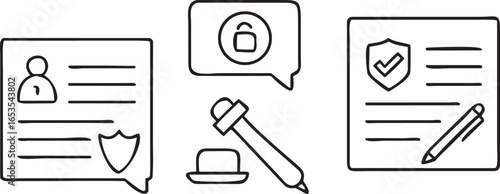Black line art icons of contract document signature and security lock writing