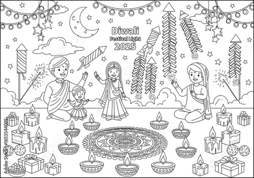 Happy Diwali Family Celebrating Festival of Lights 2025:  Line Art Illustration
