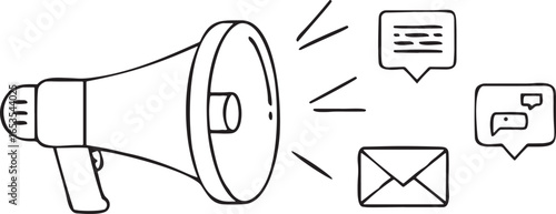 Black line art megaphone announcing messages and envelope on white announcement communication