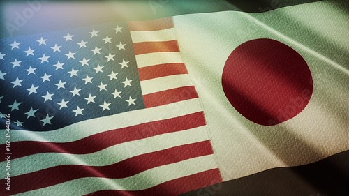 The diagonal and stitched-aligned combined USA and Japan flags are waving in the wind. Concept of Strategic negotiation, national relationship, Conflict, and War. 