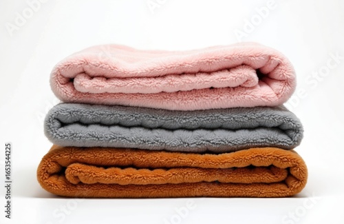 Neatly folded stack of three plush blankets in pink, grey, brown. Soft, fluffy, textured fabric provides warmth, comfort. Perfect for bedding, decor, cozy home settings. Clean, isolated presentation.