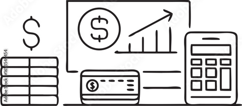 Hand drawn financial growth chart with credit card and calculator finance money
