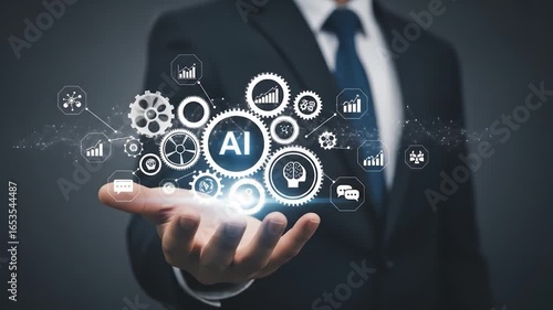 Man presenting AI tech icons, on black, for marketing and informational materials