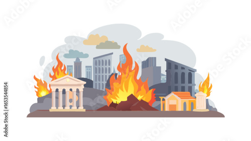 Disaster fire in city landscape vector illustration, urban destruction and burning buildings scene