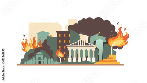 Cityscape disaster scene with burning buildings and smoke, urban fire and destruction vector illustration