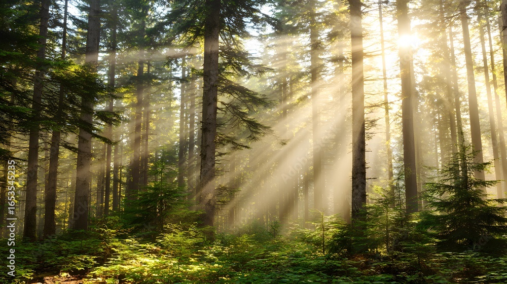 Obraz premium Sunlight streams through a misty forest, illuminating tall trees and vibrant undergrowth.