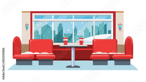 Diner booth seating area with red seats, table, drinks and a winter city view illustration scene