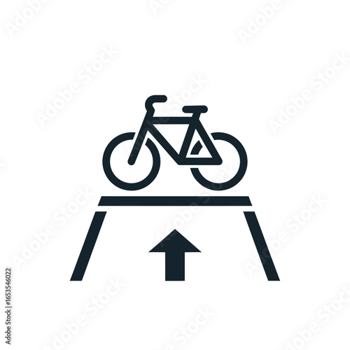 A black and white icon depicting a bicycle positioned above an upward-pointing arrow on a road.