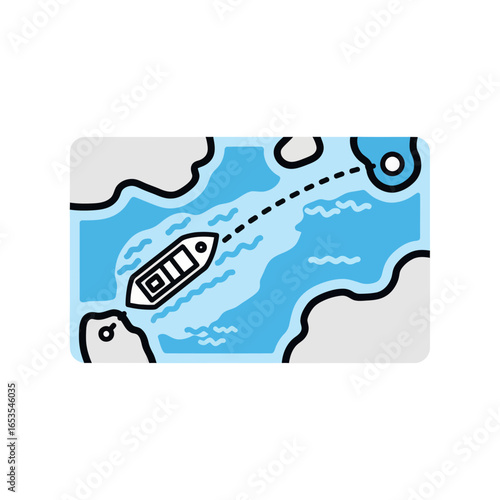 A boat navigates a winding river with a dotted line indicating its path towards a destination.