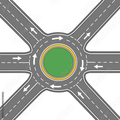 An overhead view of a complex, multi-lane roundabout intersection with clear directional arrows and lane markings.
