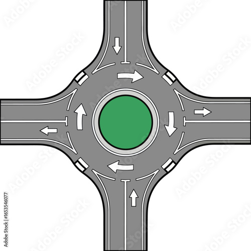 Overhead view of a four-way traffic roundabout with a green central island and clear road markings.