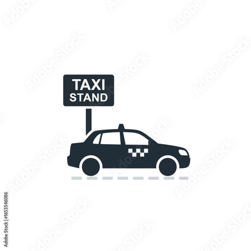 Taxi stand icon with a taxi car and signboard.