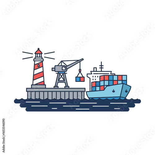 A busy port scene with a container ship being loaded by a crane, with a lighthouse guiding the way.