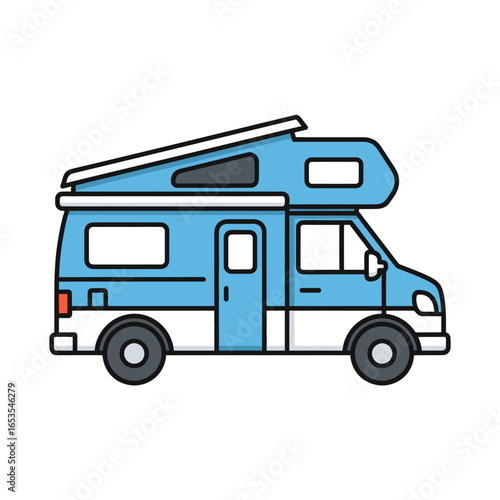 A light blue and white camper van with a pop-top roof, depicted in a simple cartoon illustration style.