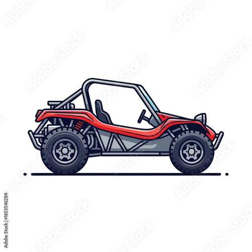 A vibrant red off-road dune buggy with large tires and a roll cage, depicted in a clean vector illustration style.