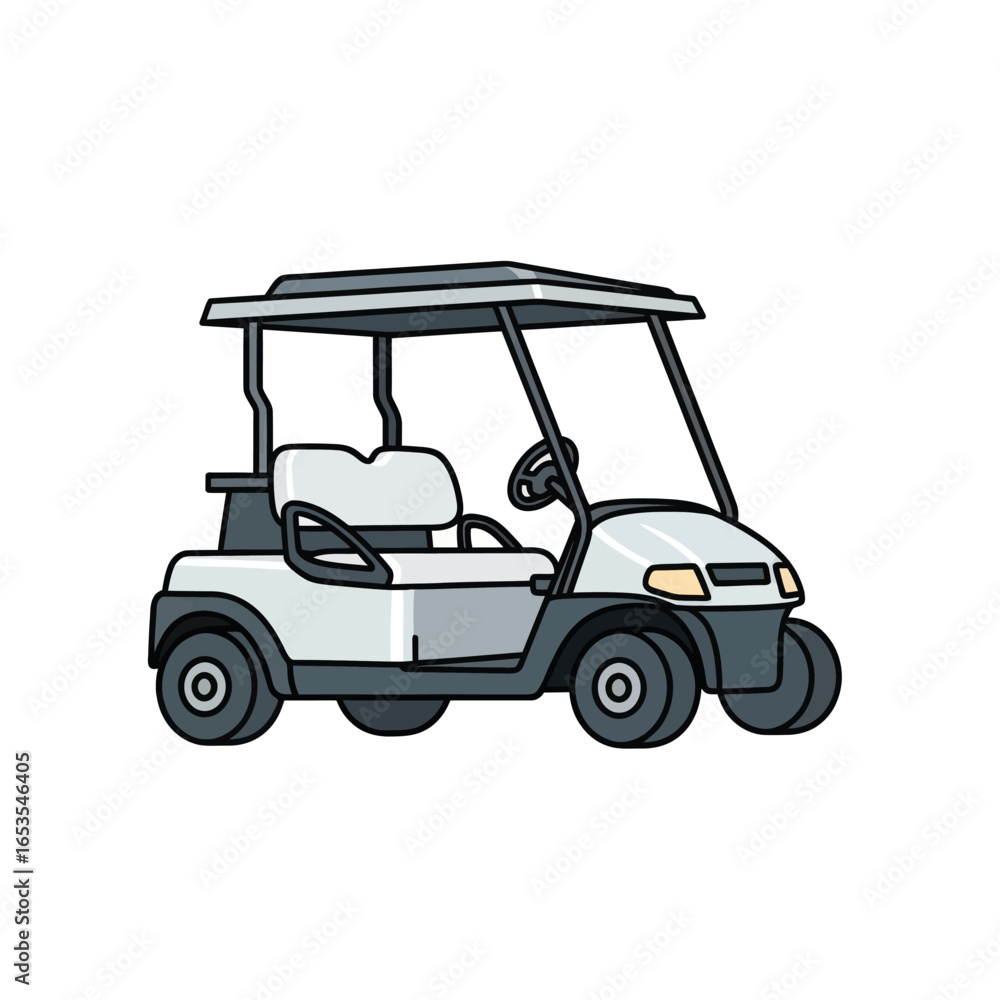 Obraz premium Illustration of a white golf cart with a roof, seat, and wheels on a white background.