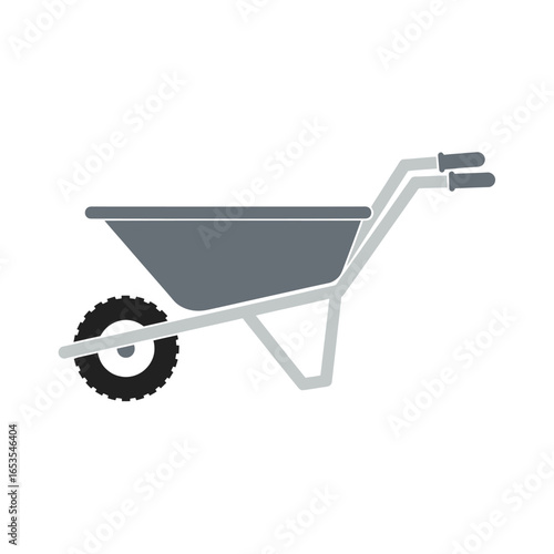 A detailed illustration of a gray wheelbarrow, designed for carrying materials in various outdoor settings.