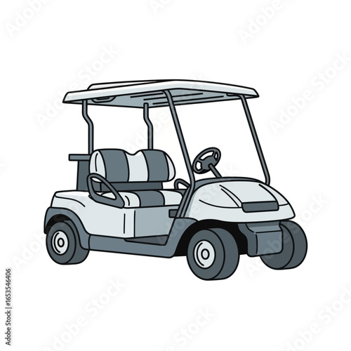 A simple illustration of a white and gray golf cart with a canopy roof and two seats.