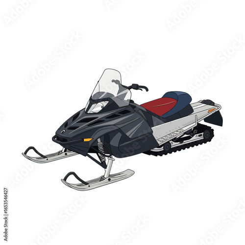 Detailed illustration of a modern snowmobile, showcasing its design and features for winter recreational activities.