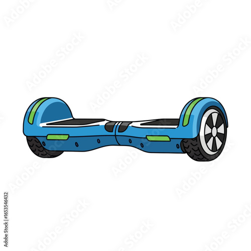 A blue self-balancing hoverboard with green accents and black footpads, featuring two wheels.