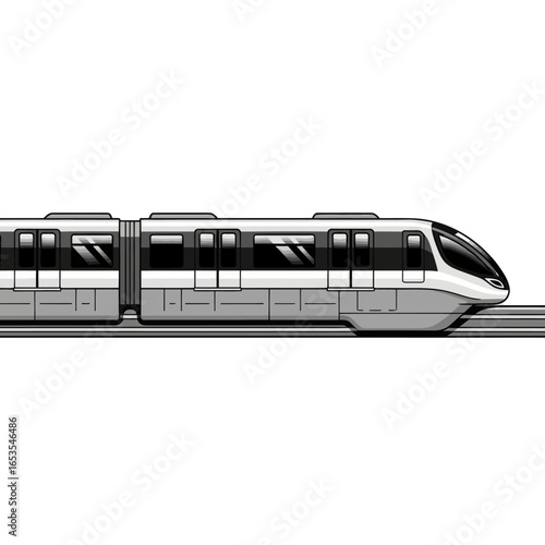A sleek, modern, white and grey train with multiple carriages moving on a track.