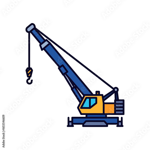 A blue and yellow mobile crane with a hook, illustrated in a simple cartoon style on a white background.