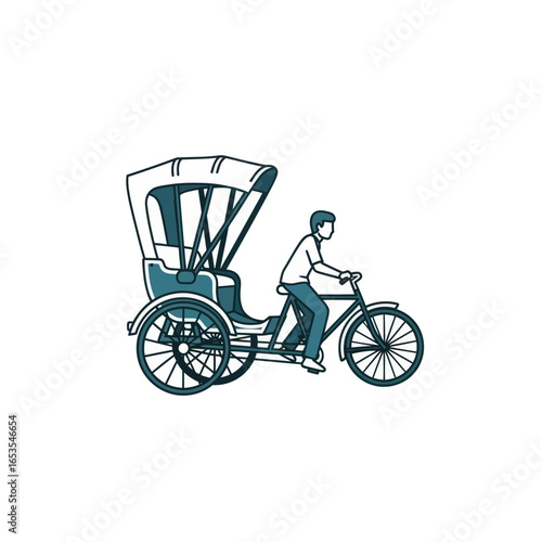 Illustration of a man riding a bicycle rickshaw, a traditional mode of transport.