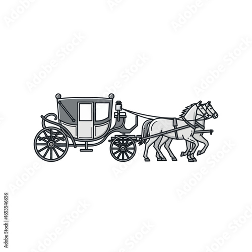 Illustration of a horse-drawn carriage with two horses and a driver.