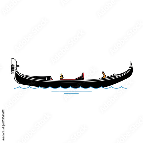 A detailed illustration of a traditional Venetian gondola sailing on the water, showcasing its elegant design.