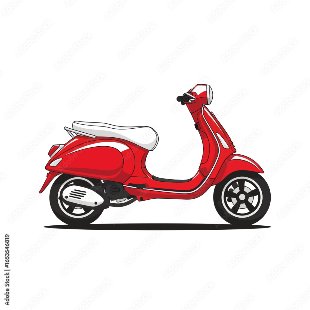 Fototapeta premium Illustration of a red vintage scooter with white seat on a white background.