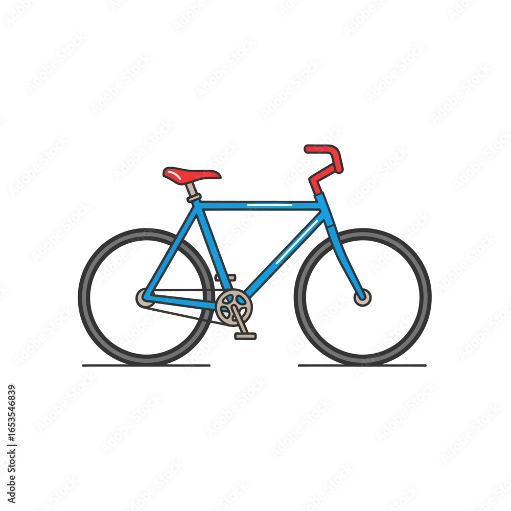 Obraz premium A simple blue bicycle with a red seat and handlebars, depicted in a clean, flat illustration style.