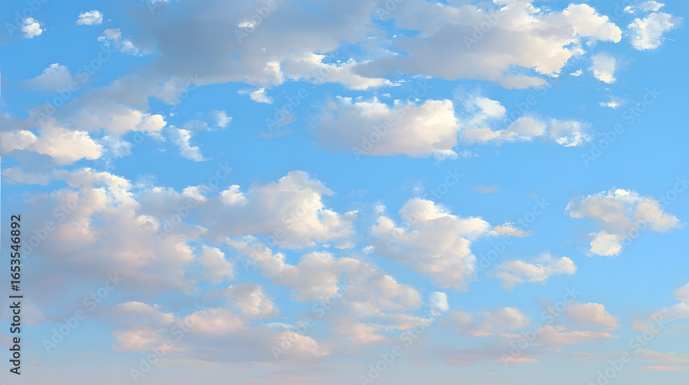 Fototapeta premium A vast expanse of a vibrant azure sky, speckled with fluffy, white clouds, creating a serene and peaceful atmosphere.