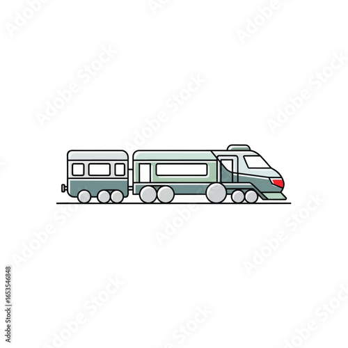 Illustration of a modern train with two carriages on a railway track.